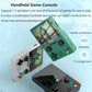 Handheld gaming console with green body, black D-pad, two thumb joysticks, and colored buttons