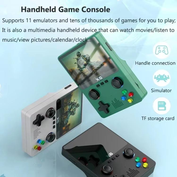 Handheld gaming console with green body, black D-pad, two thumb joysticks, and colored buttons