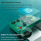 Green handheld gaming console with large color screen, thumb joysticks, and TF card slot