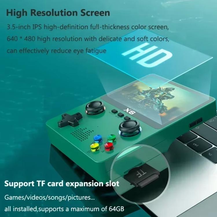 Green handheld gaming console with large color screen, thumb joysticks, and TF card slot