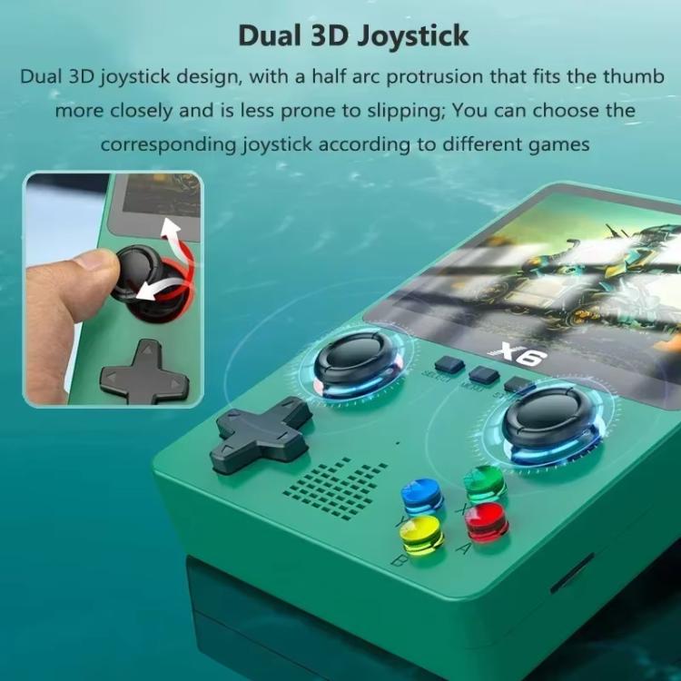 Green handheld gaming console featuring dual 3D thumb joysticks and multi-color front buttons