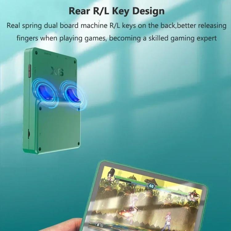 Green handheld gaming console back with dual R/L key bumps and a visible game screen