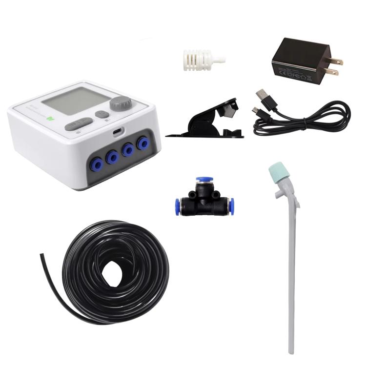 Dual-pump plant watering kit with timer controller, black tubing, and drip arrow stake