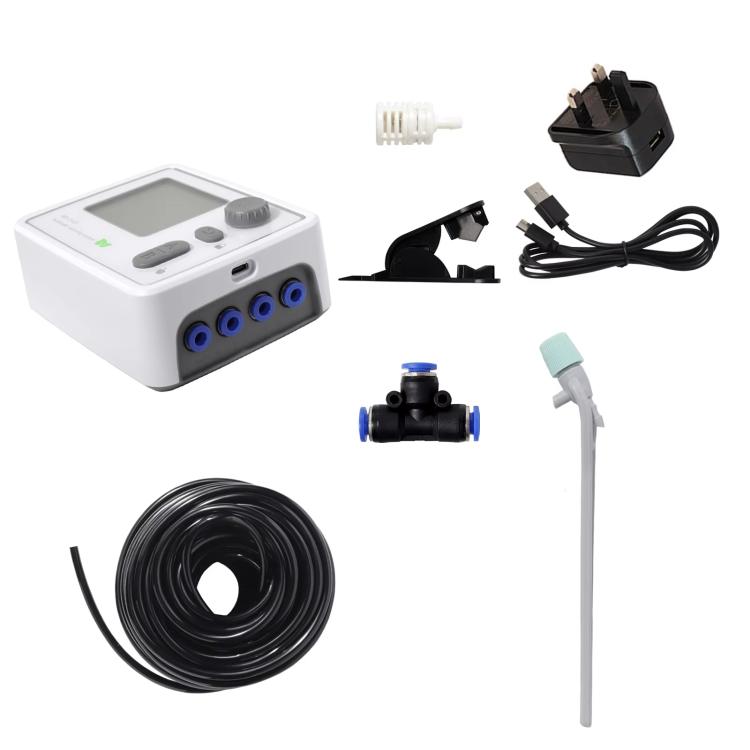 Automatic dripper set with timer controller, dual pumps, power adapter, and black tubing