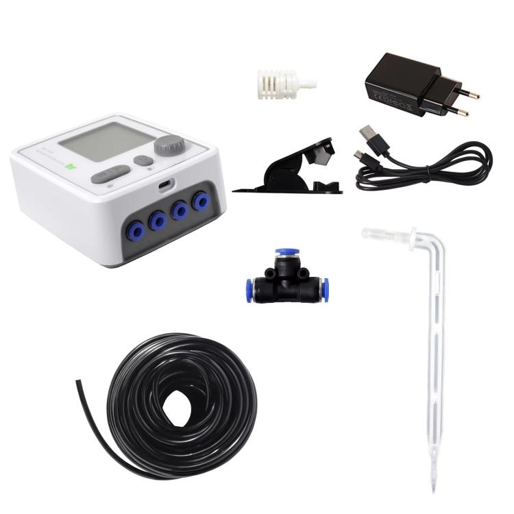 Automatic plant watering kit with dual pumps, controller, and transparent drip arrow tubing