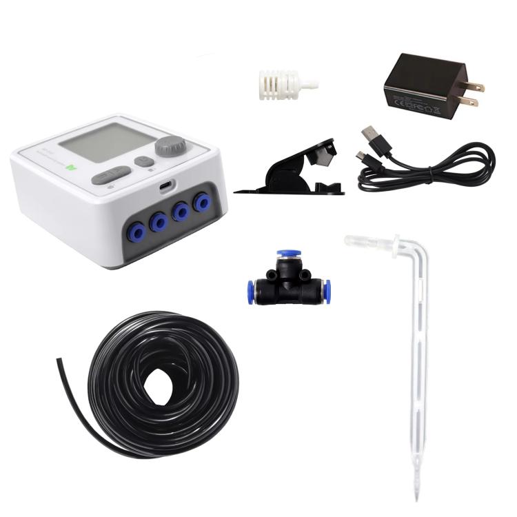 Dual-pump dripper kit with timer controller, black tubing, and transparent drip arrow