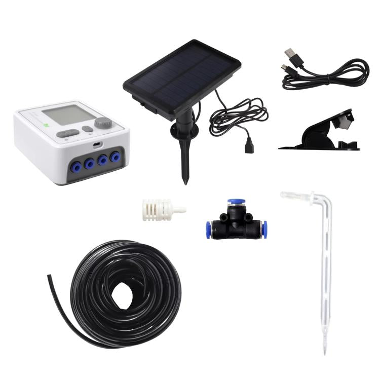 Solar plant watering system with timer controller, dual pumps, black tubing, and clear drip arrow