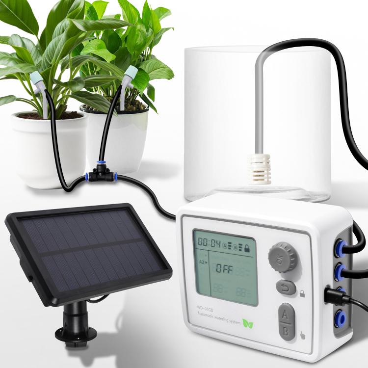 Smart dual-pump watering controller with solar panel, pumps, and connected drip hoses