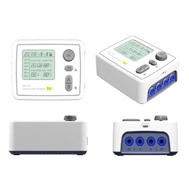 Smart dual water pump controller in white with LCD screen and four blue outlet connectors