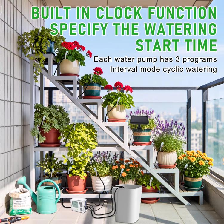Smart watering system with built-in clock timer for timed plant watering on balcony