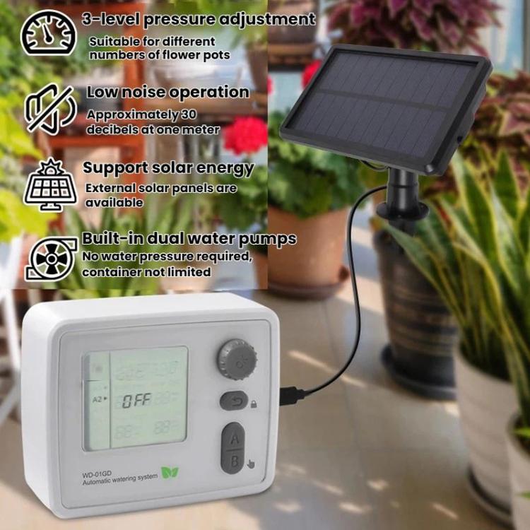 White smart dual water pump controller with solar panel and display for adjustable pressure