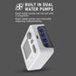 Smart dual water pump controller with two programs and blue outlet ports on white housing