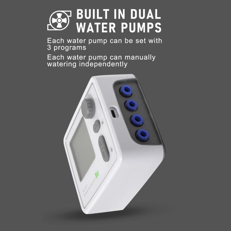 Smart dual water pump controller with two programs and blue outlet ports on white housing