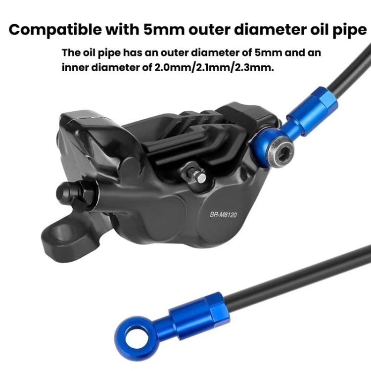 Hydraulic brake hose connector set with black caliper body and blue oil pipe