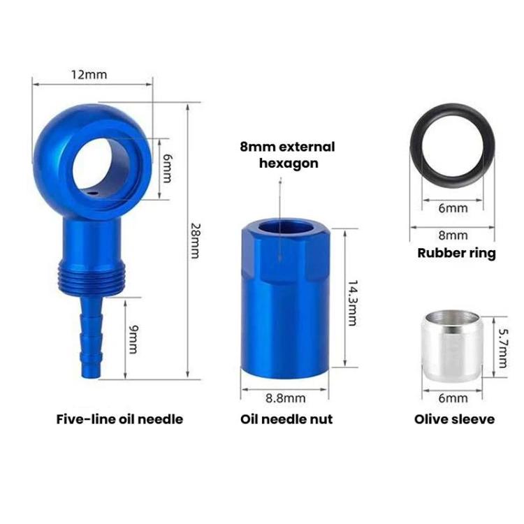 Blue five-line oil needle connector with rubber ring and olive sleeve, sized diagram