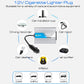 Aluminum car power inverter with cigarette lighter plug and USB, shown with usage icons.