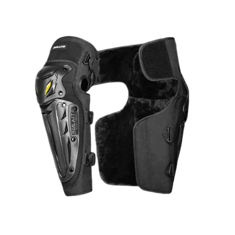 Black motorcycle knee pad with molded armor and yellow reflective accents