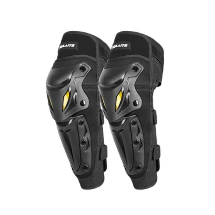Pair of black motorcycle knee pads with molded armor and yellow reflective details