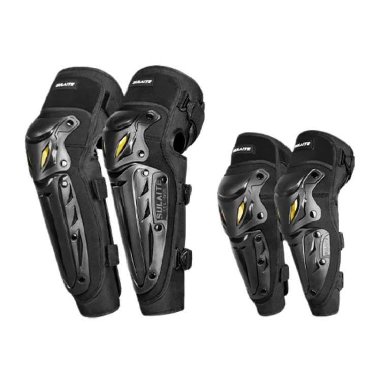 Set of black motorcycle elbow and knee pads with molded armor and reflective panels