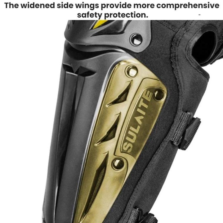 Black knee pad with molded plate, gold logo detail, and adjustable strap