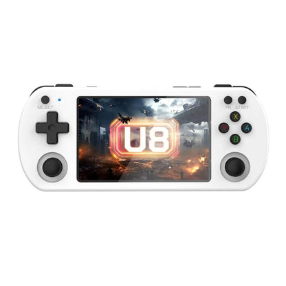 White retro handheld game console with touchscreen and D-pad plus face buttons