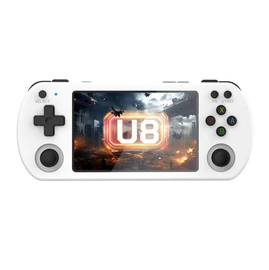 White retro handheld game console with touchscreen and D-pad plus face buttons