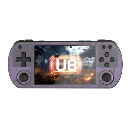 Transparent purple retro handheld game console with touchscreen and D-pad plus face buttons