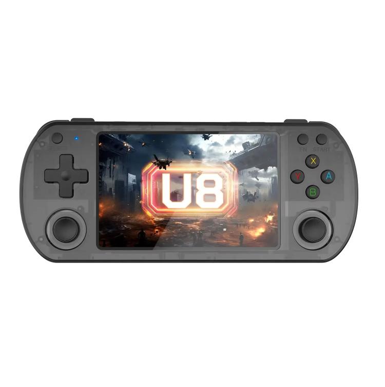 Dark transparent retro handheld game console with touchscreen and left D-pad plus right buttons