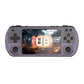 Transparent purple retro handheld game console with touchscreen and analog sticks plus buttons