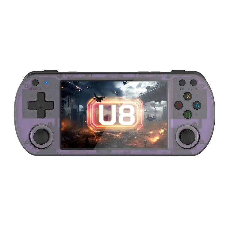 Transparent purple retro handheld game console with touchscreen and analog sticks plus buttons