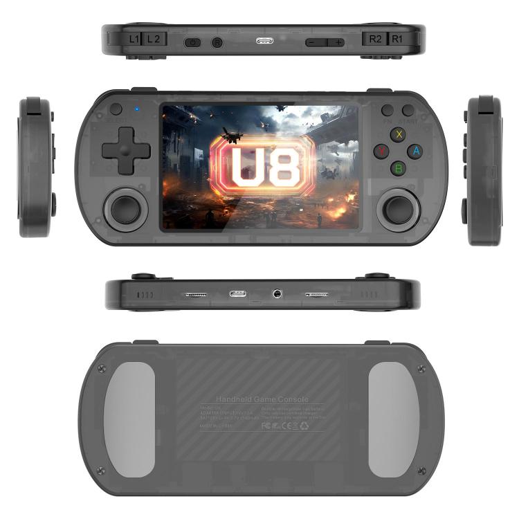 Black portable retro handheld game console front and back views with shoulder buttons