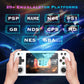 Hands holding a white retro handheld game console with touchscreen and control buttons