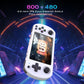 White retro handheld game console in vertical view with touchscreen and game controls