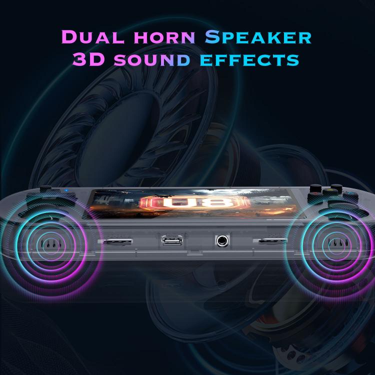 Gray portable handheld game console with dual horn speaker grille and 4-inch display