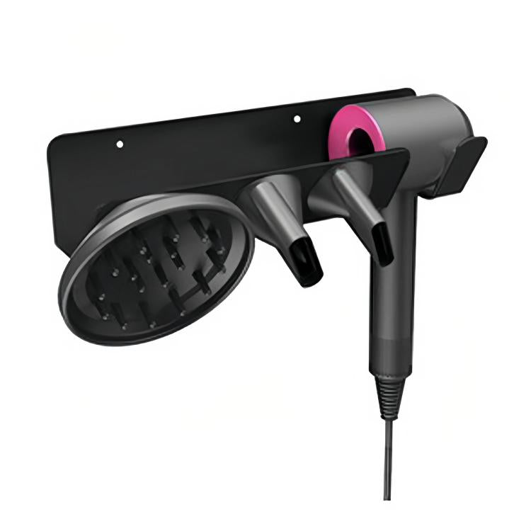 Black adhesive wall mount hair dryer holder with two nozzle cradles and curved clips.