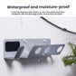 Water-resistant metal wall mount hair dryer holder with nozzle cradles and screw holes.