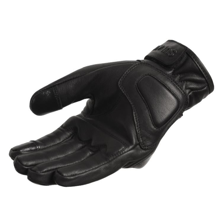 Motorcycle leather full-finger gloves, side view, black with padded knuckles