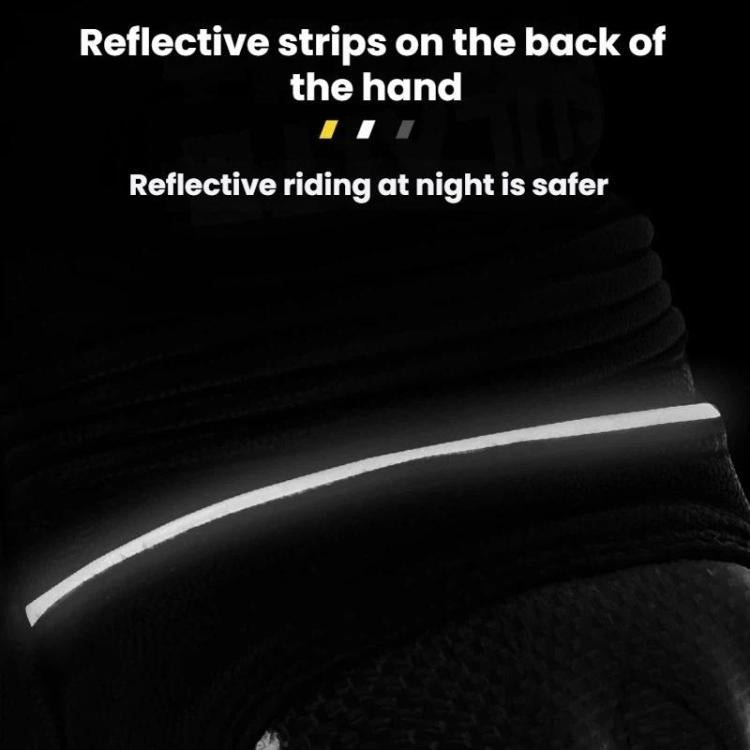 Black motorcycle gloves with reflective strip on back of hand