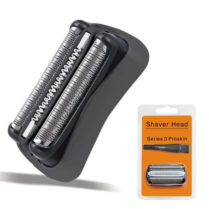 Replacement shaver head with two metal cutting foils in black plastic housing