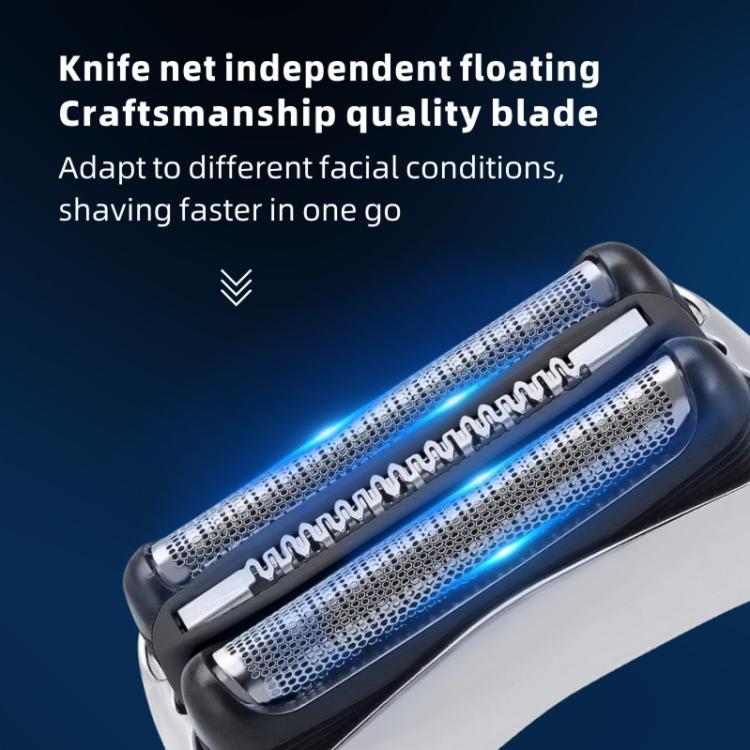 Replacement shaver head showing two foils with blue motion light effect