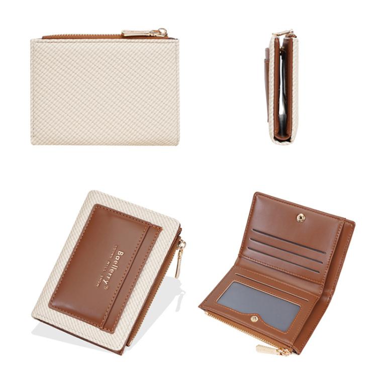 Compact zip card wallet set showing closed and open views in light beige and brown.