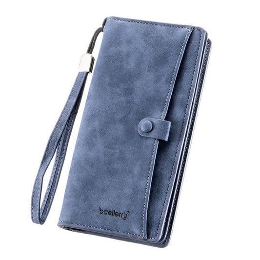 Men's long wallet in blue faux leather with snap strap and zip closure