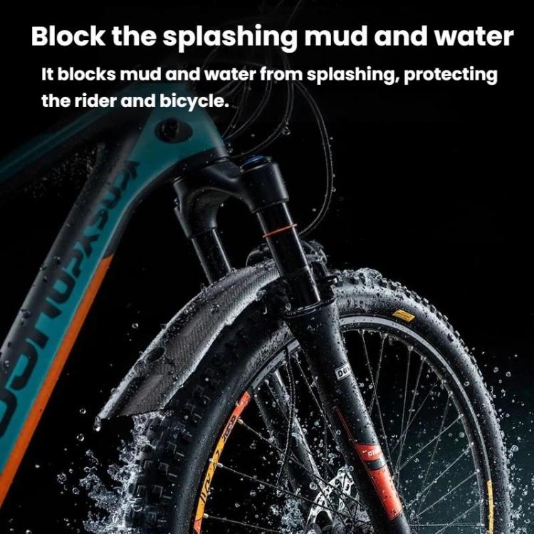 Black carbon-textured front mudguard over a mountain bike front tire
