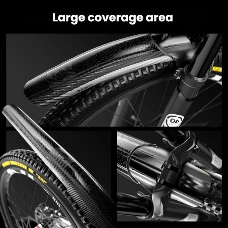 Black carbon-textured mudguard covers with large coverage area for front wheel