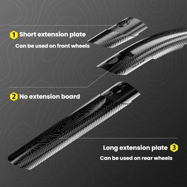 Expandable MTB mudguard extension plates in carbon-textured black