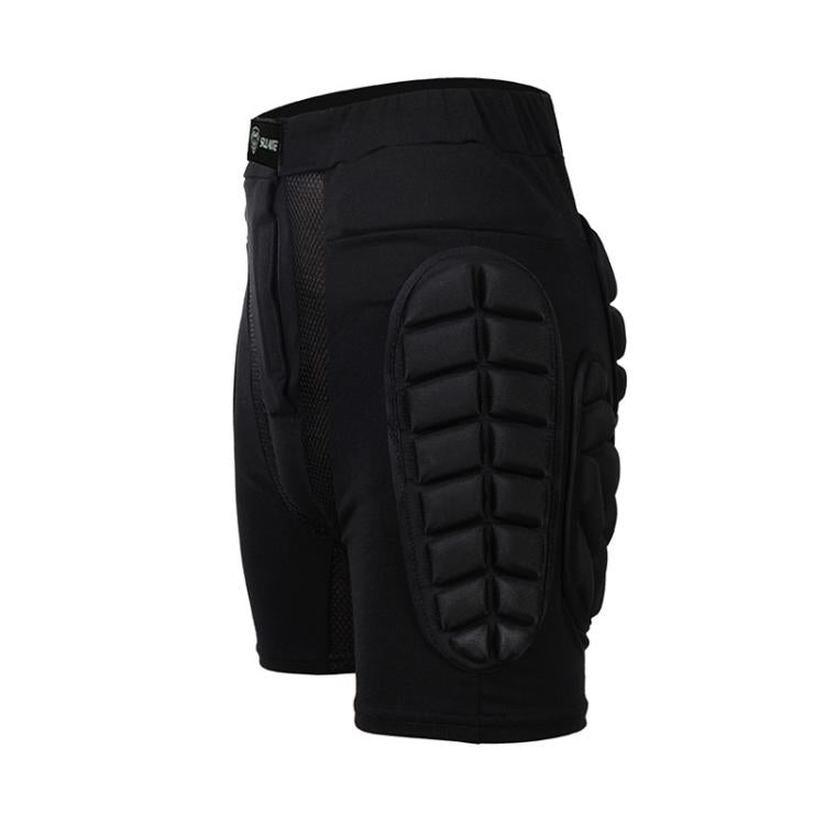 Black protective hip shorts with molded rear pad and adjustable waistband