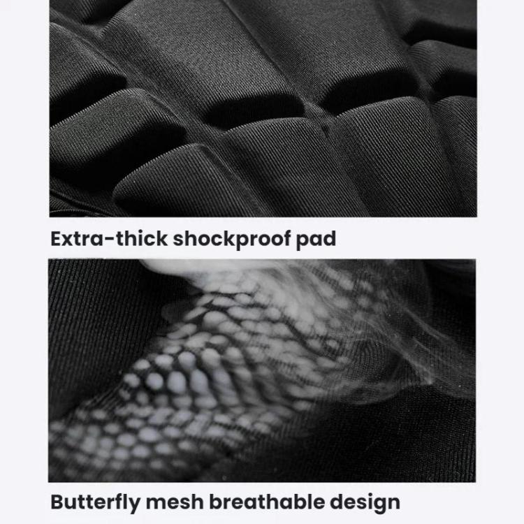 Close-up of black shockproof pad cushioning and breathable textured mesh fabric