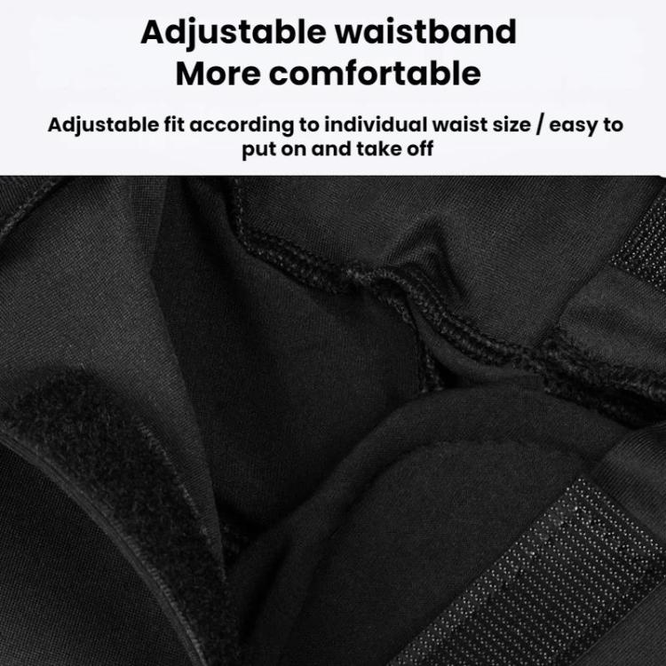 Black protective hip pants close-up showing adjustable waistband and stitched seams