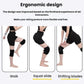 Black protective hip shorts in motion poses, highlighting ergonomic flexibility design
