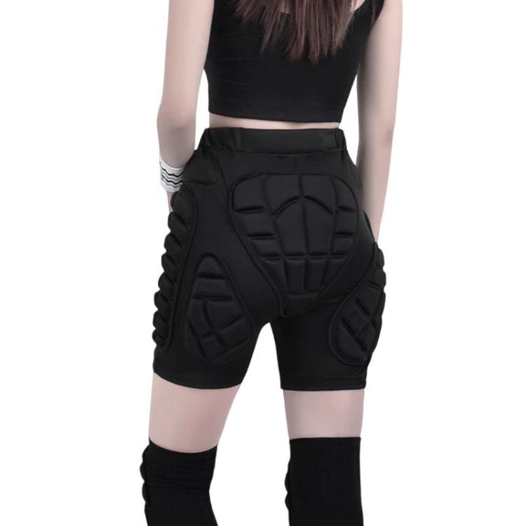 Black protective hip shorts with molded padding for roller skating and skiing